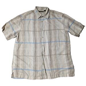 CUBAVERA LINEN Men Size Large Khaki Blue Plaid Short Sleeve Button  Shirt